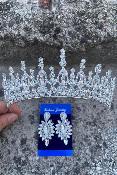 Hobigram Abrienda Silver Bridal Henna Crown Special Occasion Accessory Women's Crown and Thin Shuttle Earrings Set