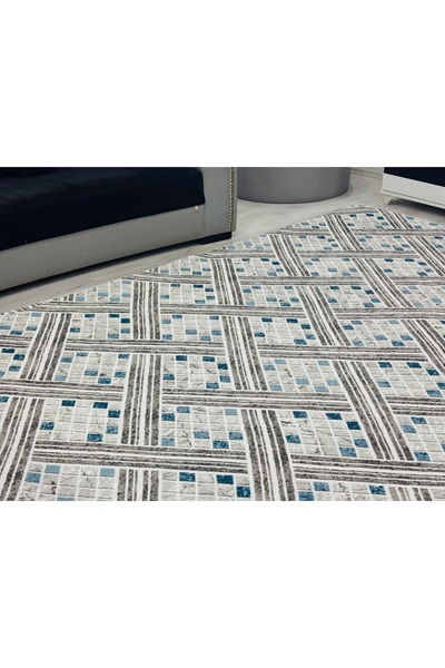 Muensu Mavi 6Mt2 Welsoft Kabartmalı Lastiksiz Halı Örtüsü, Polar Halı Örtüsü 325*220 Ebat