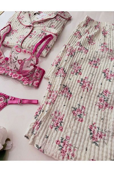 cdh çeyize dair herşey Pink Flowers Set Front Buttoned Pajama Bra Combination Wrinkle Fabric 6882