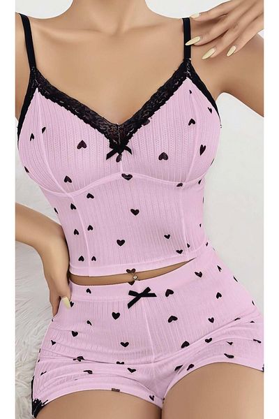 Findit Pink Heart Patterned Suspender Shorts Pajama Set