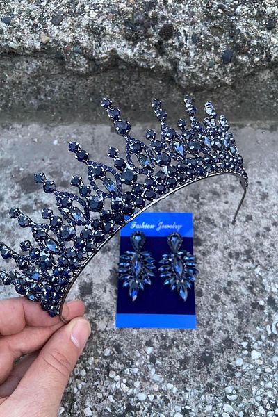 Hobigram Abrienda Navy Blue Bridal Henna Crown Special Day Accessory Women's Crown and Thin Shuttle Earring Set