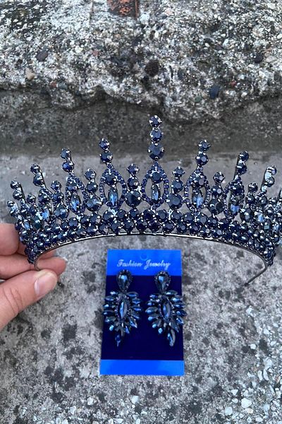 Hobigram Abrienda Navy Blue Bridal Henna Crown Special Day Accessory Women's Crown and Thin Shuttle Earring Set