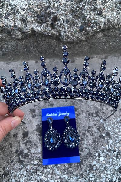 Hobigram Abrienda Navy Blue Bridal Henna Crown Special Occasion Accessory Women's Crown and Drop Shuttle Earring Set