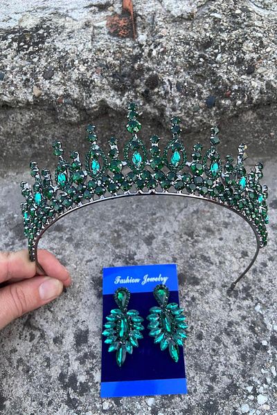 Hobigram Abrienda Green Bridal Henna Crown Special Occasion Accessory Women's Crown and Thin Shuttle Earring Set