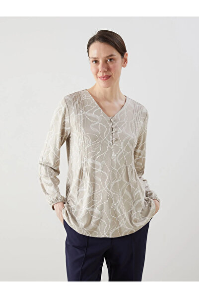 LC Waikiki Beige V-Neck Patterned Women's Blouse