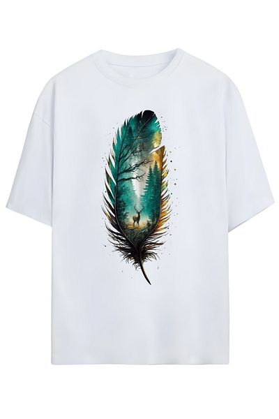 MAGORS Artistic Feather Pattern Oversize T-Shirt (Artistic Feather Pattern Oversize T-Shirt) (Relaxed Fit)