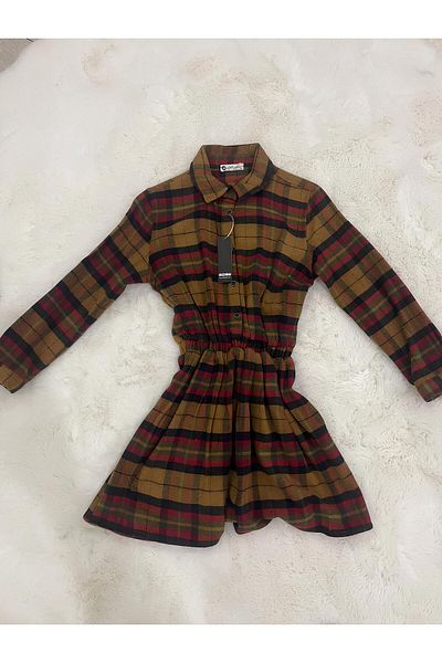 Marka Sensin Kids Girl's Lumberjack Patterned Special Design Brown Dress