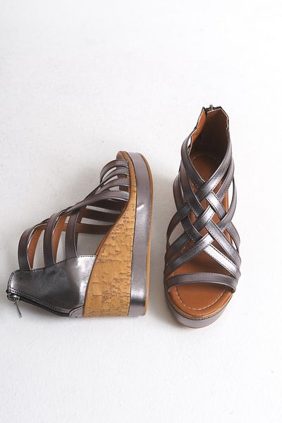 Shoesers Women's Shiny Metallic Design Zippered Cage Model Wedge Heeled Shoes / Sandals