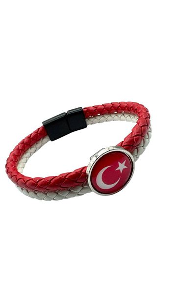 Herşey Nota Red White Moon Star Leather Fan Bracelet – Unisex Adjustable Turkish Flag Bracelet