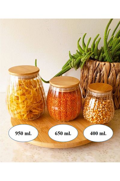 TARIK HOME Set of 3 Glass Jars in Honey Jar Form with Bamboo Lids