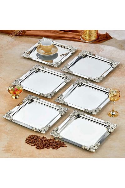 SEVA ÇELİK Stainless Steel Square Model 6 Pcs Silver Service and Presentation Tray with Four Corner Accessories