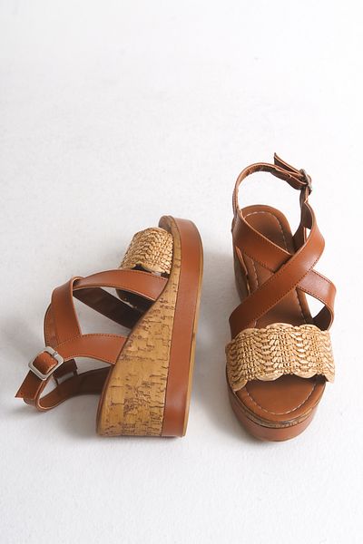 Shoesers Дамски обувки със специален дизайн от слама и каишки на танкетка, ежедневни сламени сандали