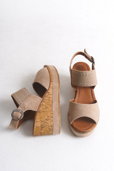 Shoesers Дамски ежедневни обувки със специален дизайн, еластични и двойни каишки, на танкетка, велурени сандали