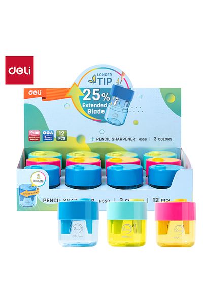 Deli Deli EH558 Two-hole Pencil Sharpener, 12PCS – Compact, Colorful Design for School Use