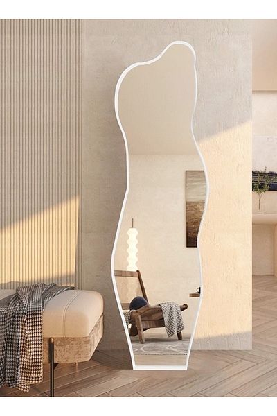 Raffine Modern Full Length Mirror Standing Wall Large Floor Mirror Wood Frame Wavy Mirror White 40 x 150 cm