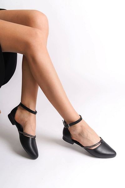 Joy Ayakkabı Monica Buckle Orthopedic Comfortable Sole Stone Detailed Women's Ballerina Shoes Cst - Black