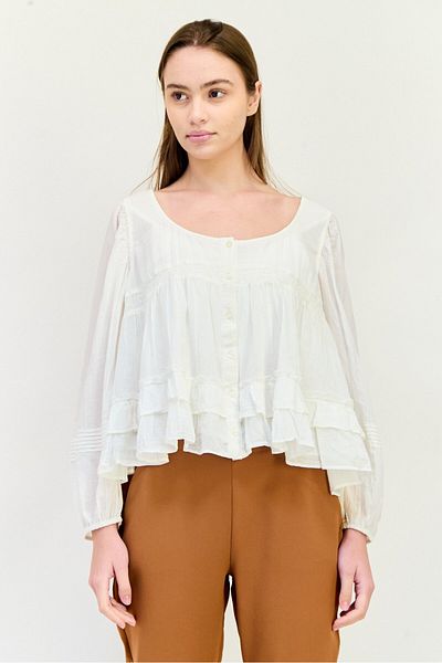 aerie Women Scoop Neck Long Sleeve Plain Blouse, White