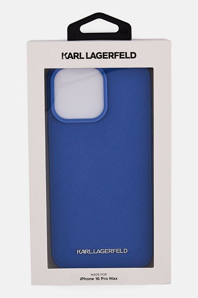 Karl Lagerfeld غلاف هاتف صلب بشعار معدني ممدود لهاتف iPhone 16 Pro Max، أزرق
