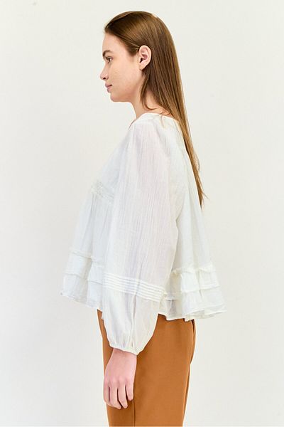 aerie Women Scoop Neck Long Sleeve Plain Blouse, White