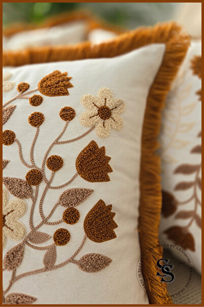 SasoHome Beauty Flowers Punch Embroidery Patterned Linen Throw Pillow Cover