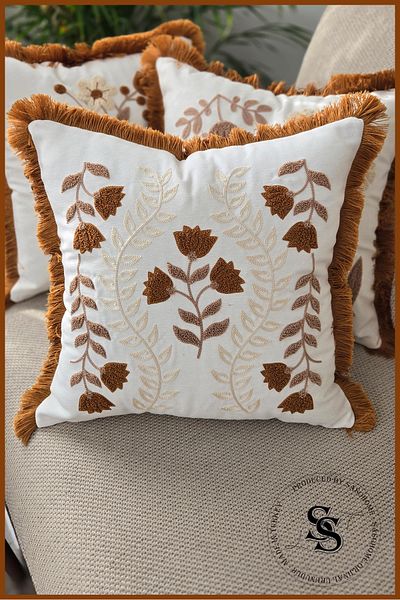 SasoHome Beauty Flowers Punch Embroidery Patterned Linen Throw Pillow Cover