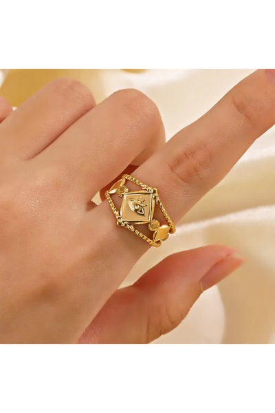 Siya Silver Kararmaz Çelik Göz Detaylı Gold Renk Ayarlanabilir Kadın Yüzük