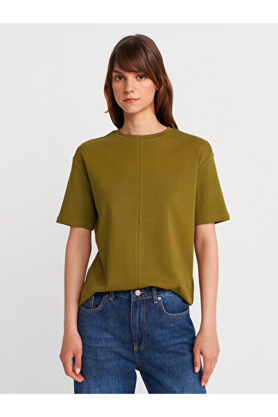 Dilvin 31218 T-shirt din bumbac 100% cu detalii de cusătură -K.Yağ Verde