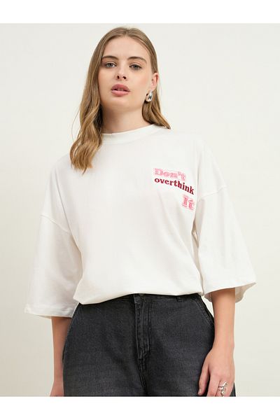 Styli Women Cream Slogan Embroidered Dropped Shoulder Oversized T-Shirt