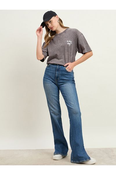 Styli Acid Washed Foil Slogan Print Oversized Longline T-Shirt