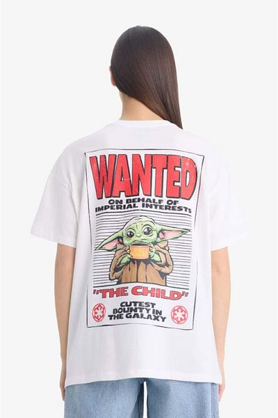 DeFacto Women's Oversize T-Shirt Star Wars-The Mandalorian Wide Fit Crew Neck Back Printed