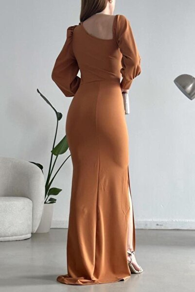 Modafeminen One Shoulder Open Detail Imported Crepe Fabric Maxi Size Long Sleeve Dress Brown 582307