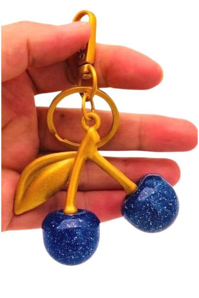 angel çanta aksesuar Angel Bag Accessory Blue Glitter Cherry Keychain, Bag Ornament Antique-Gold Metallic