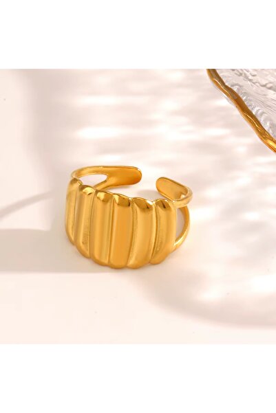 Siya Silver Kararmaz Çelik Bombeli Tasarım Gold Renk Ayarlanabilir Kadın Yüzük