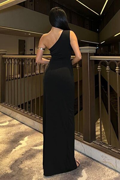 Modafeminen Tek Omuz Detaylı Sandy Kumaş Elbise 583181 Siyah