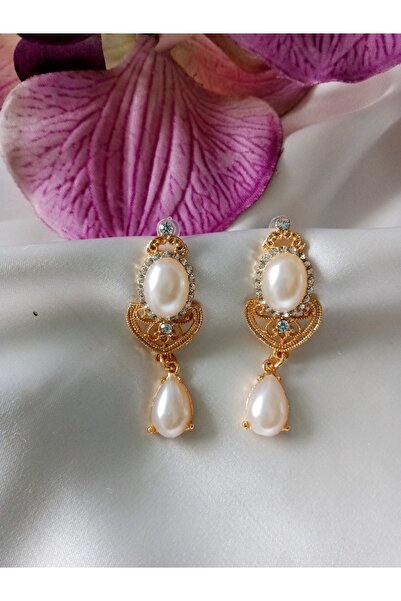 Pervin Ablacım Gold incili sallanan gösterişli abiye küpe çelik