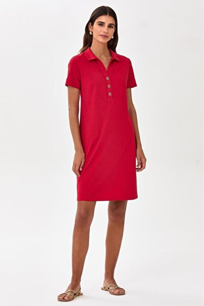 İKİLER Polo Yaka Önü Düğmeli Kısa Kol Elbise 025-2513