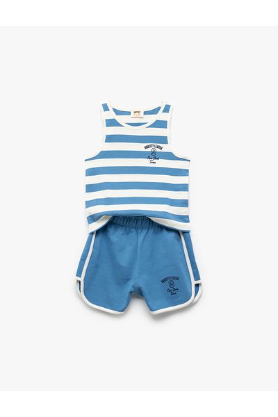 Koton Cotton Striped Crew Neck Print Detail Sleeveless Tank Shorts Set