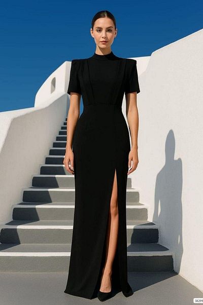Modafeminen Back Window Slit Half Sleeve Evening Dress Black 582993