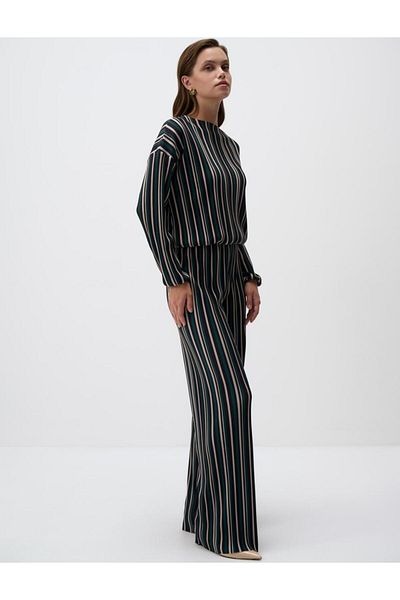 Jimmy Key High Waist Relaxed Fit Line Patterned Knitted Pants