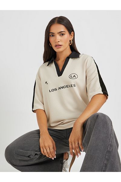 Styli Slogan Print Short Sleeve Collared Oversized T-Shirt