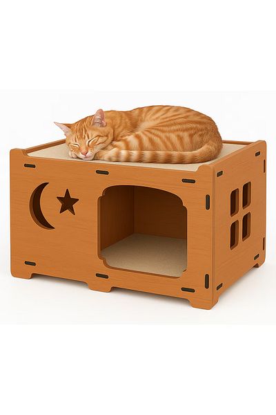 Buntz Casuta din MDF pentru pisici cu placi de zgariat, Buntz, pentru interior, 59x28.5x35cm, Maro