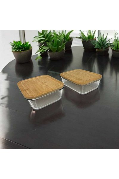 Noah Exclusive Glass Storage Container - Leak Proof Bamboo Lid - Heat Resistant - Set of 2 - (650 Cc + 1000 Cc)