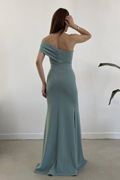 Modafeminen Tek Omuz Yırtmaçlı Uzun Abiye Elbise Mint 582619