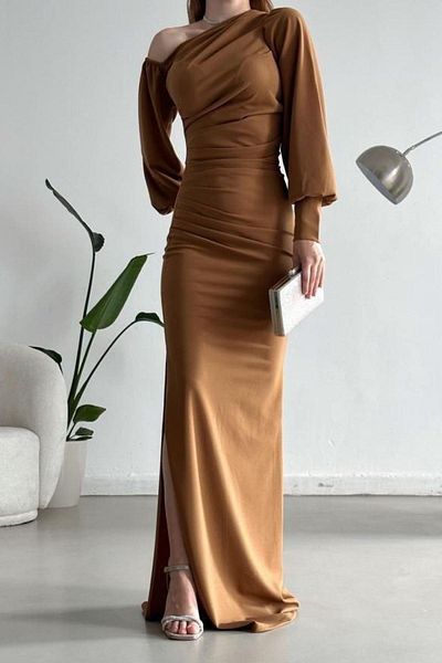 Modafeminen Λεπτομέρεια εξωτερικού χώρου με έναν ώμο Εισαγόμενο ύφασμα κρεπ Maxi μακρυμάνικο φόρεμα Mink 582307