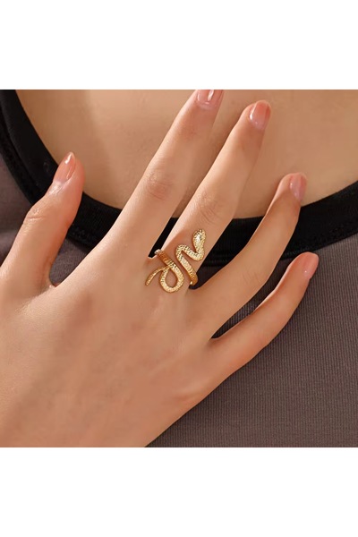 Siya Silver Kararmaz Çelik Desenli Yılan Model Gold Renk Ayarlanabilir Kadın Yüzük