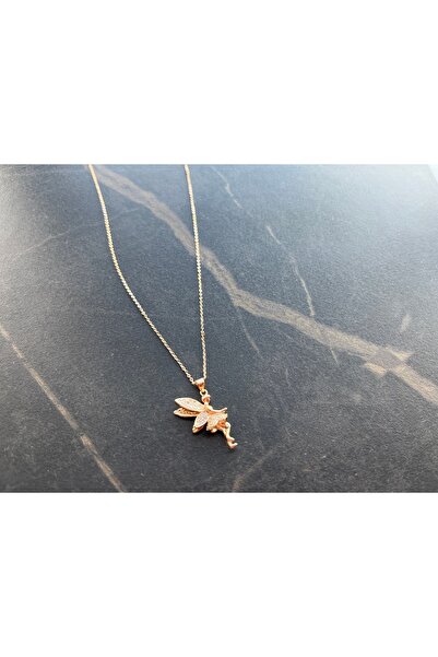 Çelik Altın Renkli Taşlı Peri Figürlü Zarif Kadın Kolye