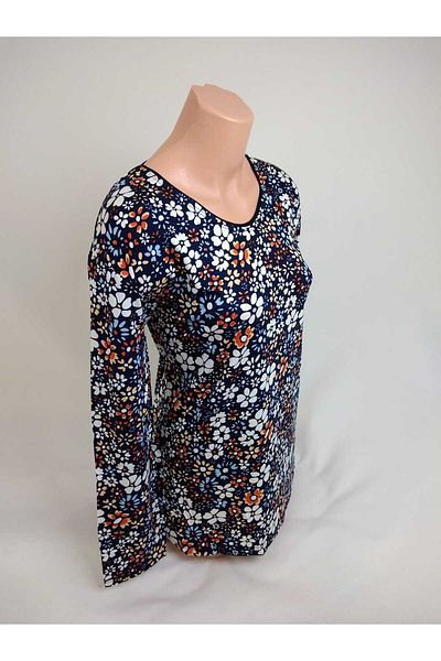 YAŞAR TRİKO Women's Navy Blue White Orange U-Neck Long Sleeve Patterned Slit Woven Viscose Mother Combed Cotton T-Shirt