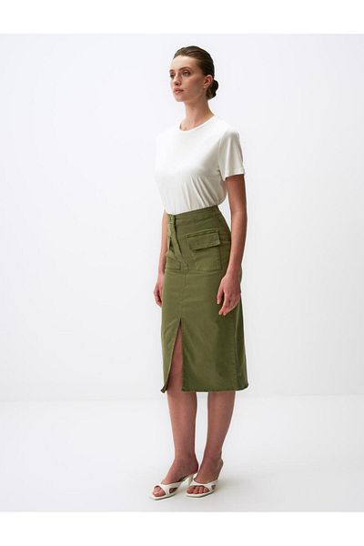 Jimmy Key Midi Gabardine Skirt with Pocket Slit Detail