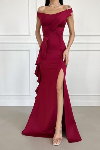Modafeminen Boat Neck Cross Detail Ruffled Slit Fish Model Long Evening Dress Burgundy 582470