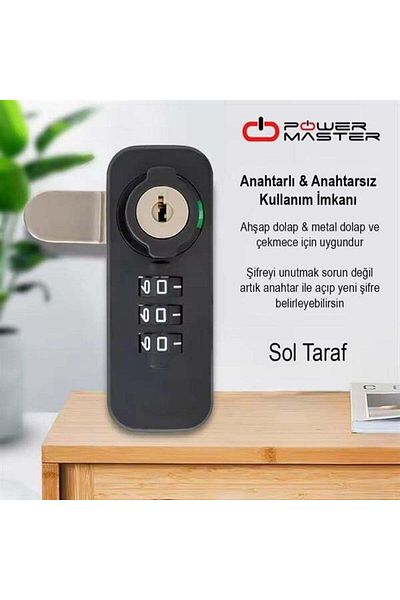 Modafiks Powermaster Pm-26725 Mechanical Black Drawer Cabinet Lock with 3 Digit Combination and Key (Left)